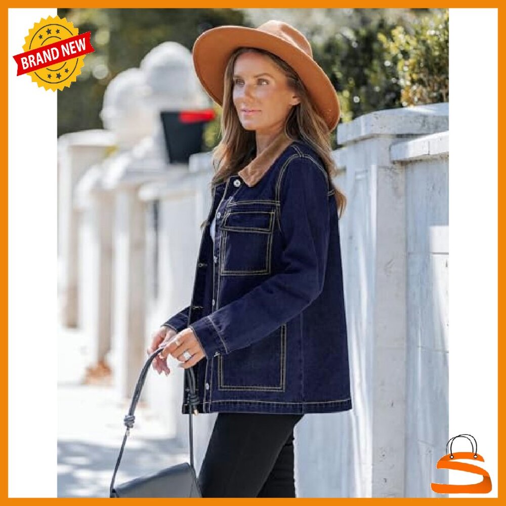 Oversized Denim Jacket with Corduroy Collar, Loose Fit, Button Front, Pockets - Picture 4 of 8